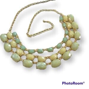 3-tier layered bib necklace in pale green, yellow and gold tone